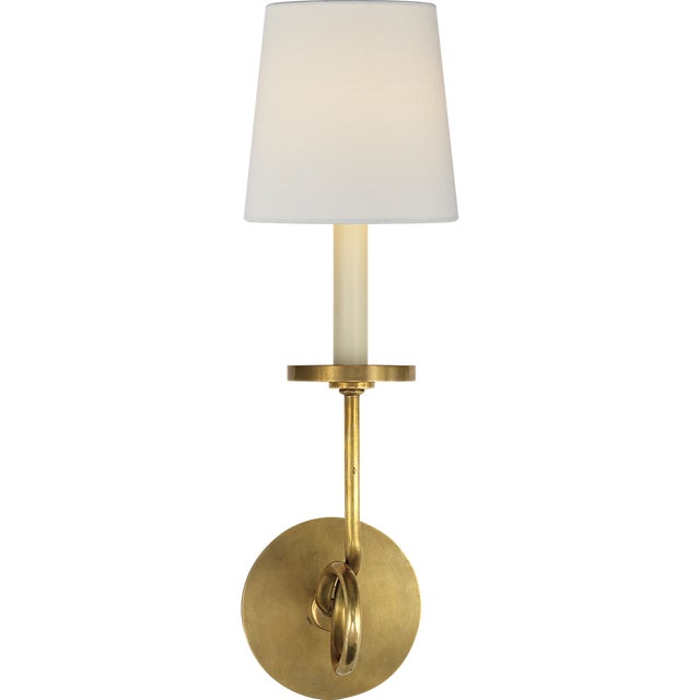 Symmetric Twist Single Sconce in Antique-Burnished Brass with Linen Shade Designer: Chapman & Myers Finish: Antique-...