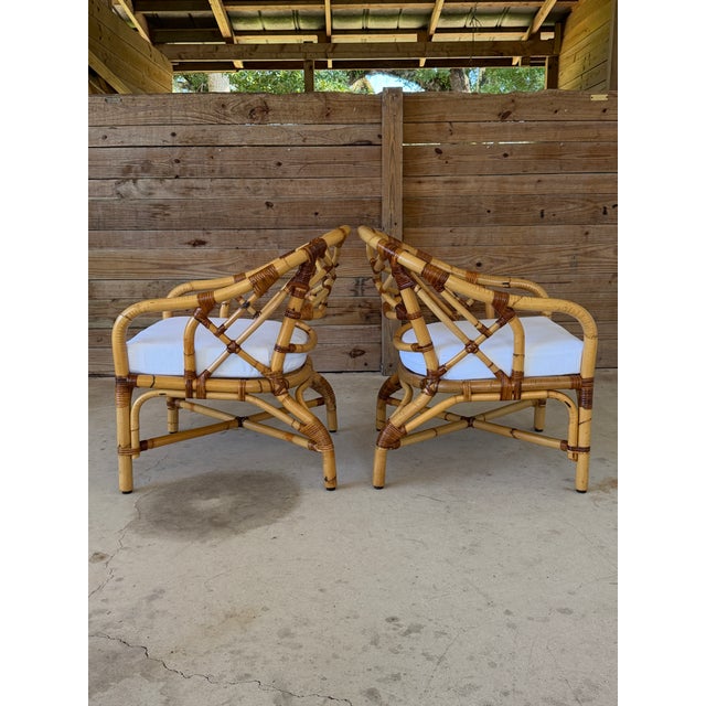 English Mid-Century Rattan Barrel Lounge Chairs With New Sunbrella Cushions-Pair For Sale - Image 3 of 12