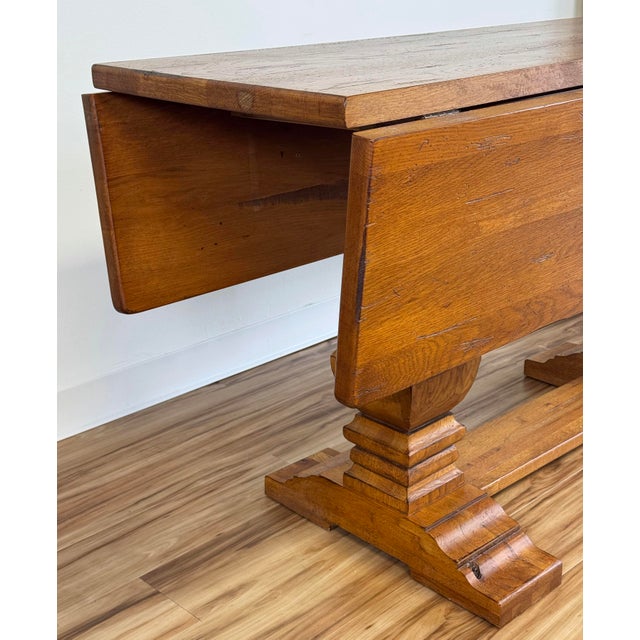 Vintage Solid Wood Tuscan Farmhouse Style Drop Leaf Trestle Table For Sale - Image 14 of 17