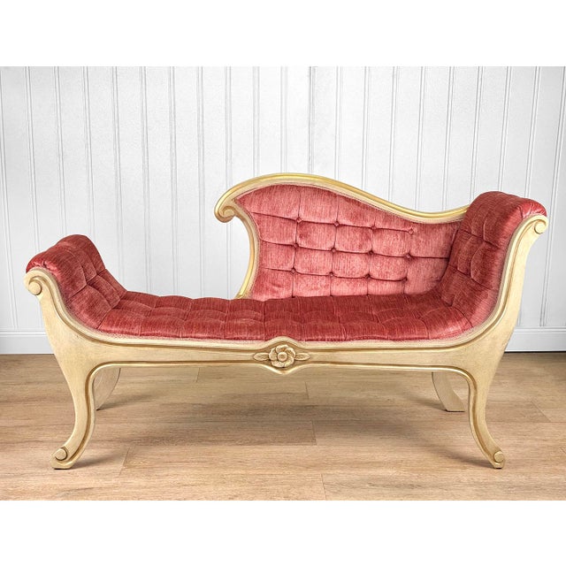 Victorian Vintage French Louis XVI Pink Suede Tuft Window Bench Chaise Settee For Sale - Image 3 of 10