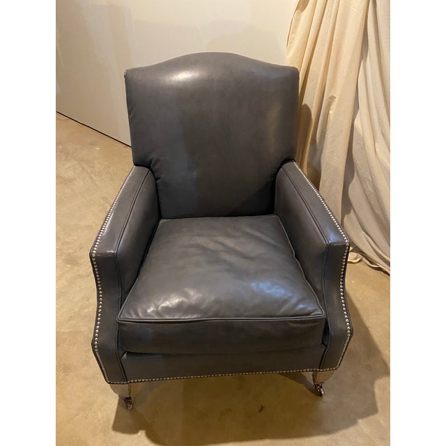 Custom Lillian August bluish-gray distressed leather chair. Rich textured, in excellent condition - like new. Silver...