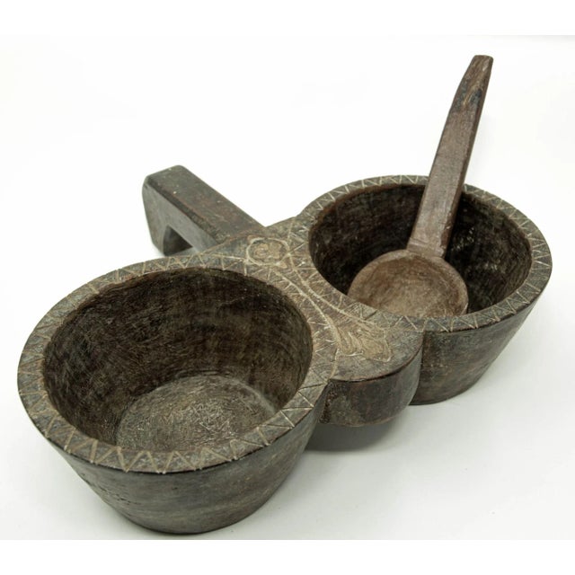 Antique Indian Teakwood Large Container With Rustic Carving and Spoon For Sale - Image 13 of 13