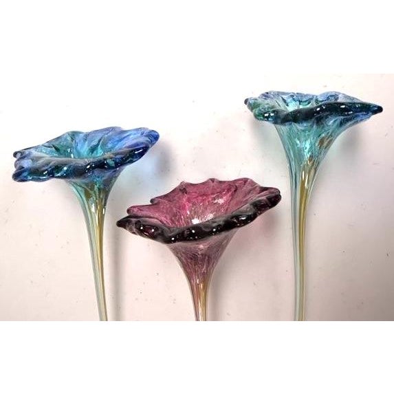 Contemporary Art Glass Trumpet Lilies in shades of Blue & Amethyst -a Trio handcrafted in Murano, in the historic glass-...