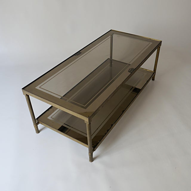 Maison Jansen Vintage Brass Coffee Table with Smoked Glass and Mirror from Maison Jansen, 1960s For Sale - Image 4 of 11