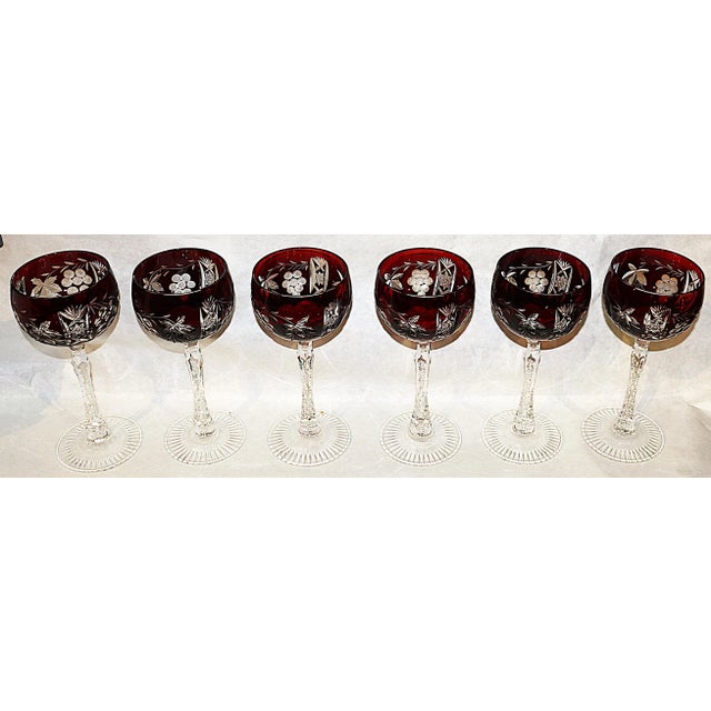 Stunning claret colored vintage Boho wine stems in cut-to clear crystal glass on cut stems and base. These 6 have been in...