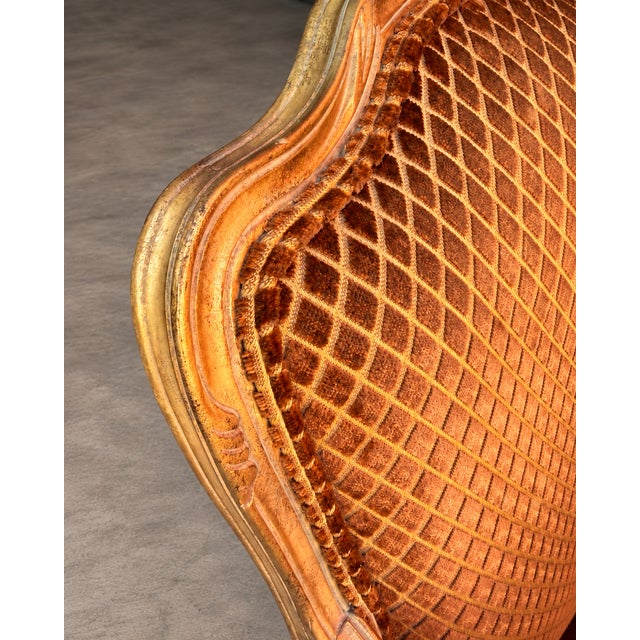 Custom-Made Louis XV–Style Giltwood Bergère Chairs in Diamond-Patterned Velvet (A Pair) For Sale - Image 14 of 14