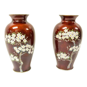 20th Century Japanese Red Ginbari Cloisonne Vases With Flowering Trees by Yamamoto