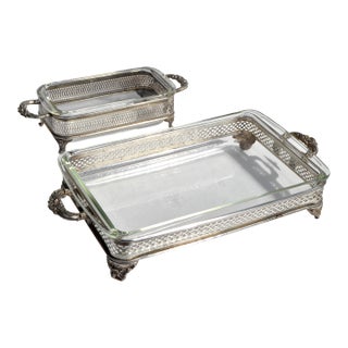 1950s Pyrex Glass Silver Plate Holders Rectangle Baking Pan Casserole Serving Dishes - Set of 2 For Sale