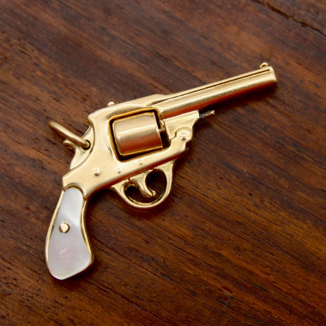 Metal Vintage 14k Gold & Mother-of-Pearl Miniature Gun Pendant or Charm For Sale - Image 7 of 8