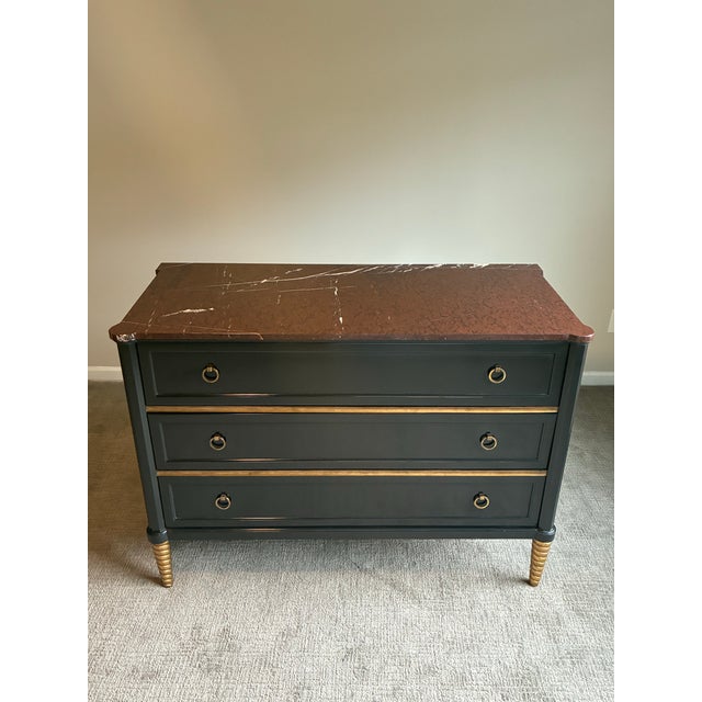 Late 20th Century Late 20th Century Baker Black & Gilt 3-Drawer Marble Top Chest / Dresser – Neoclassical Hollywood Regency Style For Sale - Image 5 of 8