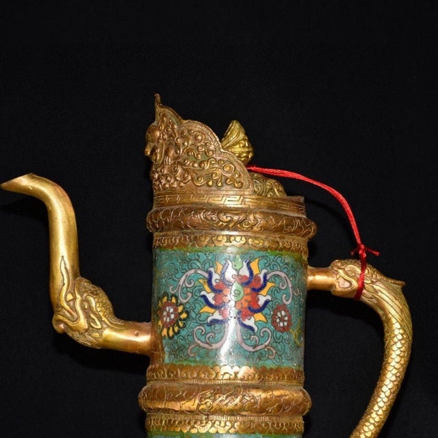 Mid 20th Century Vintage Asian Cloisonné Gilt Bronze Tibetan Butter Tea Pot - Himalayan Monk's Ewer For Sale - Image 5 of 9
