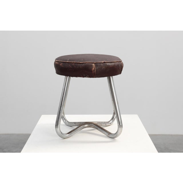 1920s Bauhaus Modernist Stool with Chrome Tubular Frame and Leather Seat, Germany , 1920s For Sale - Image 5 of 11