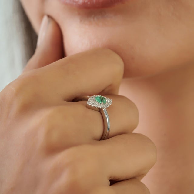 Emerald Diamond Studded Regal Emerald Engagement Ring With Marquise Halo, Size 7 For Sale - Image 8 of 14