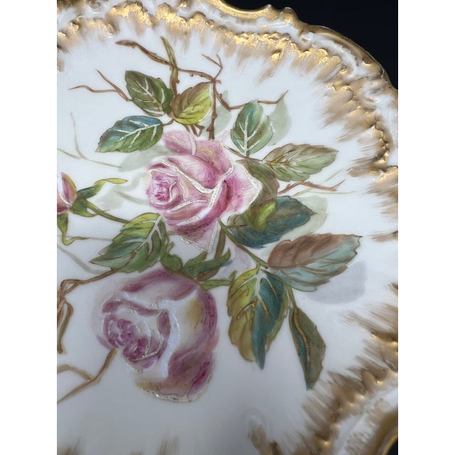Limoges, France Antique French Limoges Hand Painted Rose Cabinet Plate, Gilt Scalloped Edge, c.1900 For Sale - Image 4 of 8