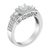 A 14 karat white gold three-stone diamond engagement ring that features three princess cut diamonds surrounded by a halo...
