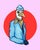 This artwork features a whimsical bird character dressed in a blue outfit, complete with a scarf and hat, set against a...