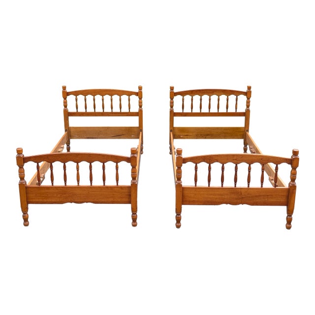 Mid 20th Century Stickley American Colonial Carved Cherry Wood Twin Size Spindle Bedframe, Pair For Sale