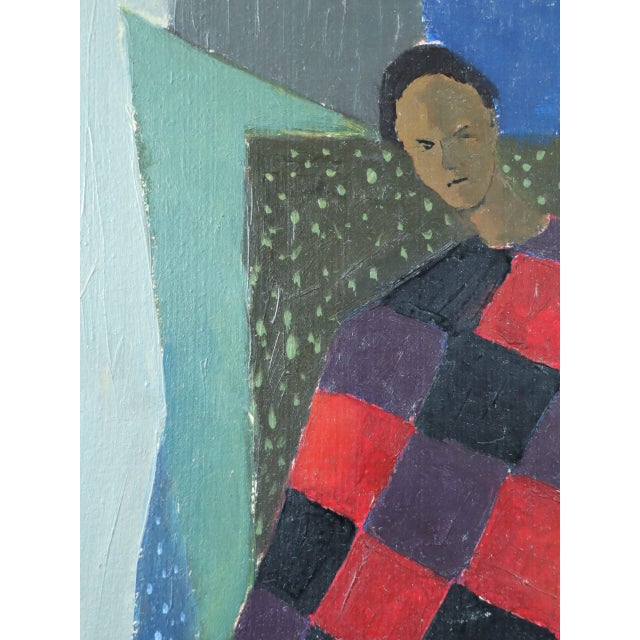Blue 1961 Mid-Century Modern 'Seated Harlequin' Swedish Geometric Figurative Oil Painting, Framed For Sale - Image 8 of 10