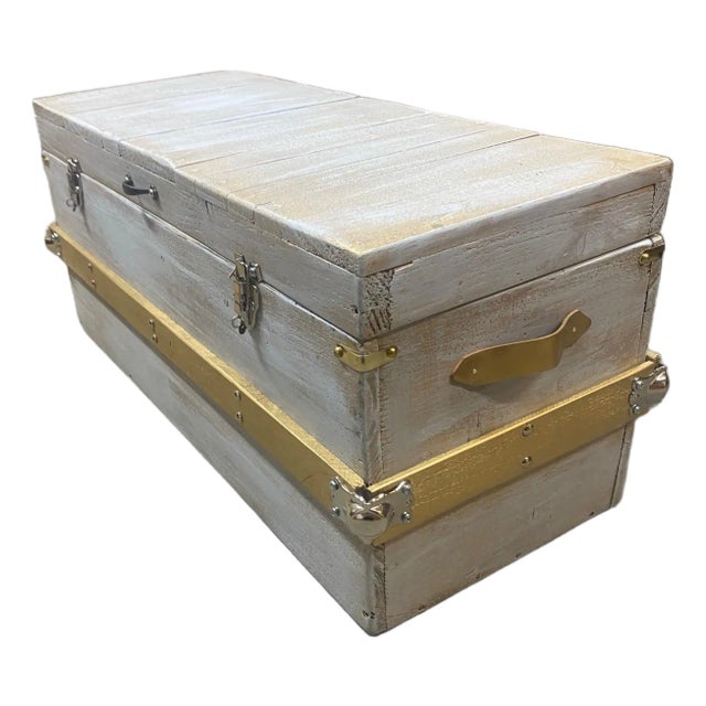 Handcrafted Wooden Steamer Trunk in White Gold Finish For Sale