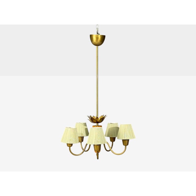 Asea, Swedish Modern, Chandelier, Brass, Elm, Fabric, Sweden, 1947 For Sale In New York - Image 6 of 14