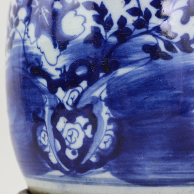 Blue and White Antique Porcelain Vase Lamp With Cobalt Floral Motif on Wood Base For Sale - Image 10 of 16