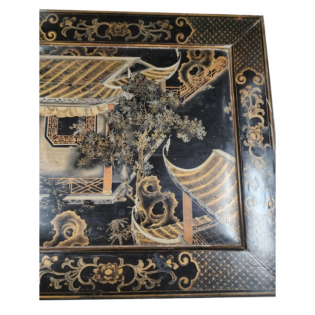 Late 20th Century Oriental Black Lacquer Coffee Table (Hand-Painted Chinoiserie / Oriental Scene) For Sale In Miami - Image 6 of 9