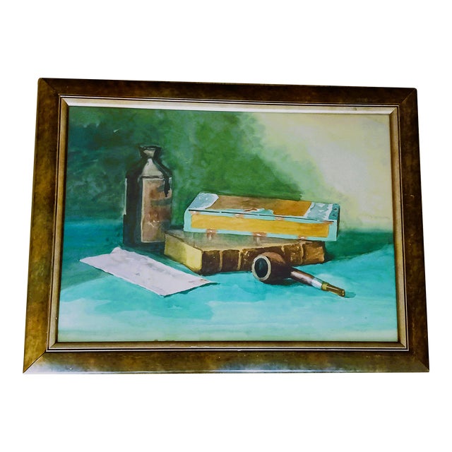 Arts and Crafts Era Antique Watercolor of Books and Pipe, Library or Desk Decor For Sale