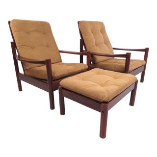 Pair Mid-Century Style Danish Teak Lounge Chairs With Ottoman For Sale