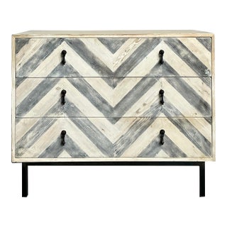 Vintage Boho Whitewash Chevron Chest of Drawers For Sale