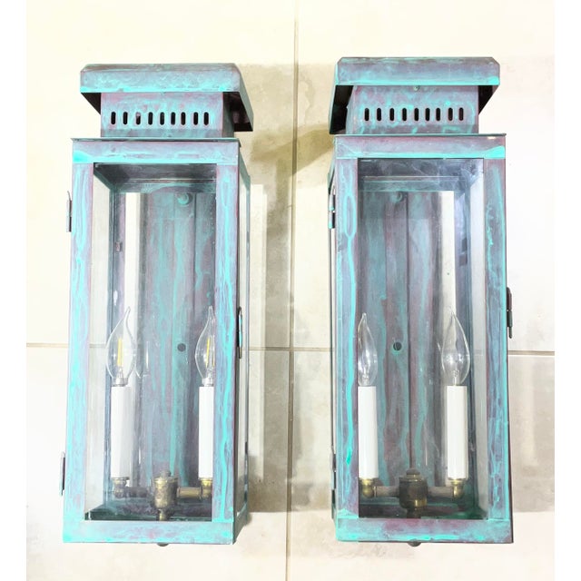 Metal Large Stunning Pair of Solid Copper Wall Lanterns For Sale - Image 7 of 16