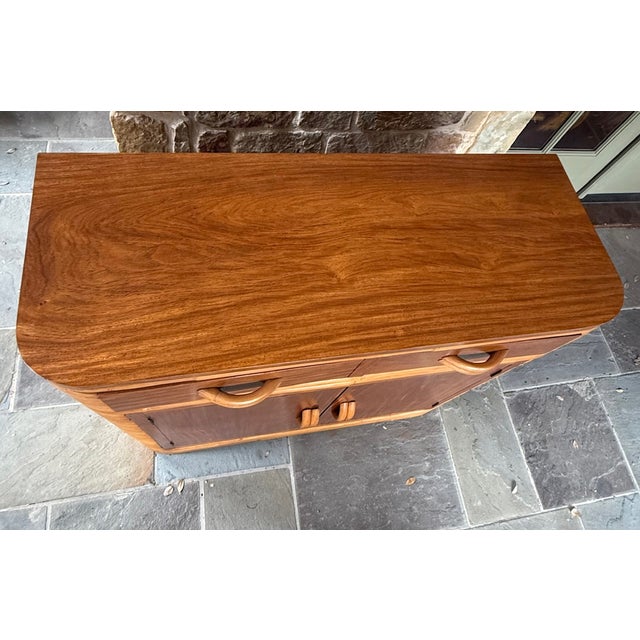 Brown 1940s Restored Stacked Rattan Storage Cabinet With Mahogany Top in Style of Paul Frankl Bar Cabinet For Sale - Image 8 of 13
