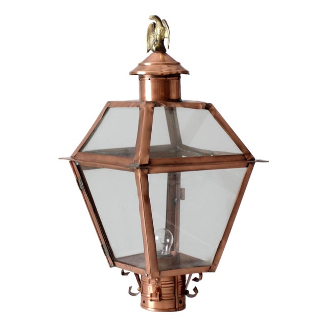 Vintage Copper Lantern Light Fixture With Brass Eagle Finial For Sale