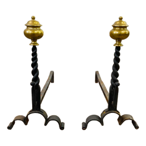Antique Baroque Wrought Iron and Brass Fireplace Andirons—A Pair