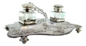 Silver and Glass Inkwell with Floral Reliefs and Feet