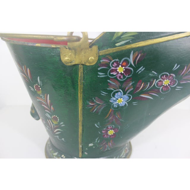 Green Antique Hand Painted Coal Scuttle Folk Art Fireplace Accent For Sale - Image 8 of 8
