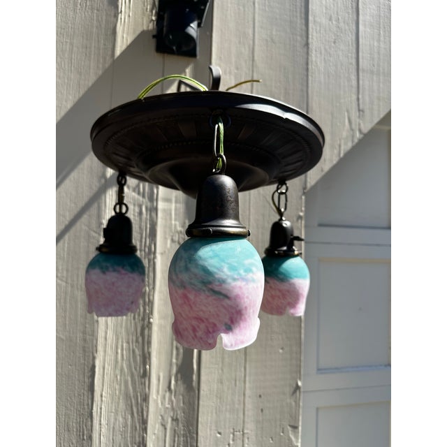 Vintage Brass Flushmount Fixture With Vintage Cased Glass Tulip Shades For Sale - Image 4 of 7