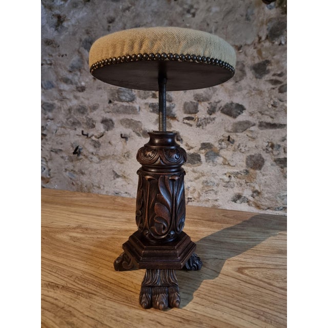 Antique Height-Adjustable Piano Stool in Carved Wood, 1900s For Sale - Image 11 of 12