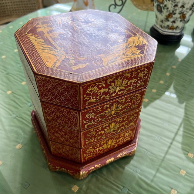 Vintage Chinese Red Lacquer Stacking Jewelry Box For Sale - Image 9 of 12
