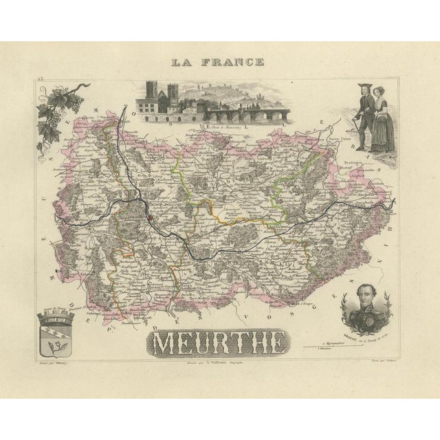 Antique Map of Meurthe by Vuillemin with 50 Notable Places, France c.1850 : This finely detailed and beautifully...