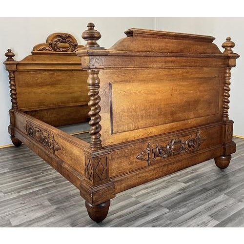 Antique French Style Oak Double Bed Frame with Carved Headboard For Sale - Image 3 of 18
