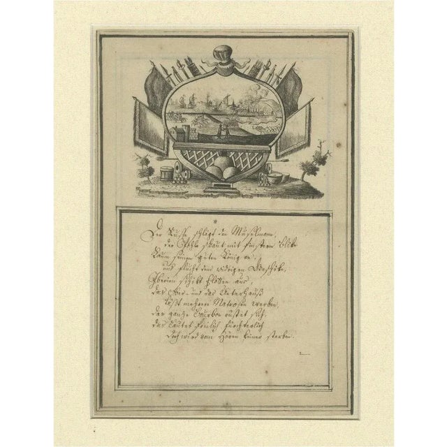 Antique German Engraving Allegory of War and Poem and Naval View, 1700s For Sale - Image 11 of 11