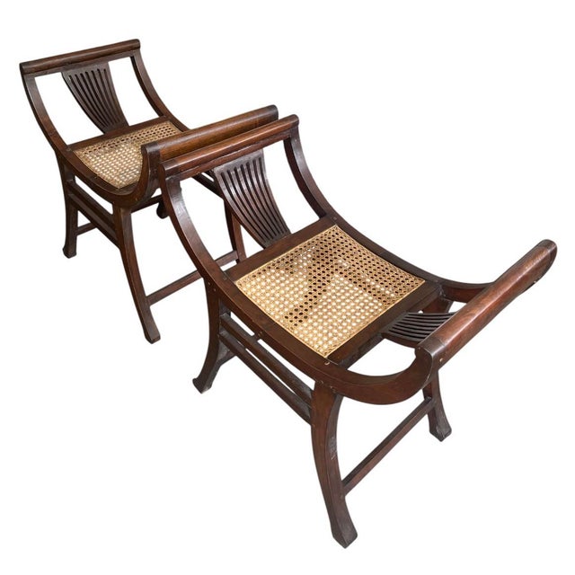 2000 - 2009 A Pair of Vintage Anglo-Indian Mahogany and Cane Curule Accent Stools For Sale - Image 5 of 12