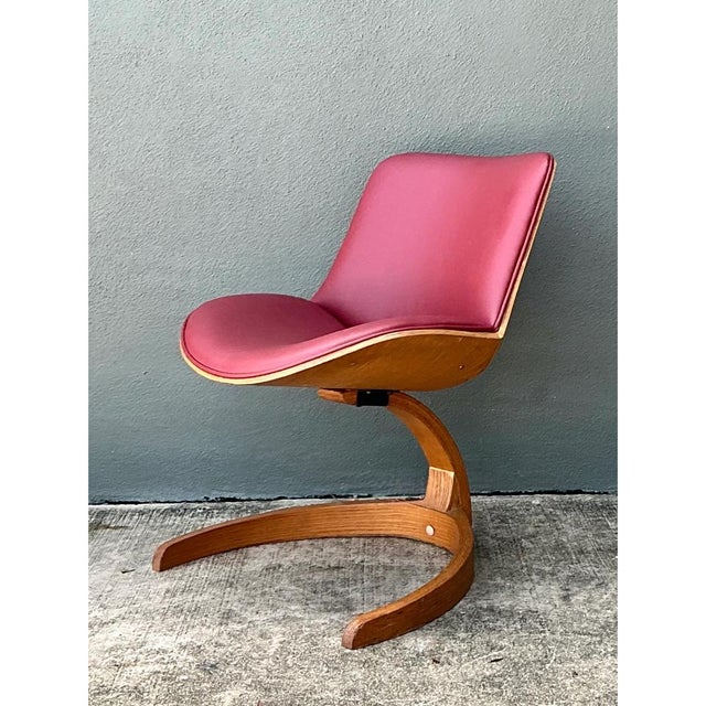 Burgundy Vintage Wood and Vinyl Cantilever Chair After George Mulhauser For Sale - Image 8 of 12