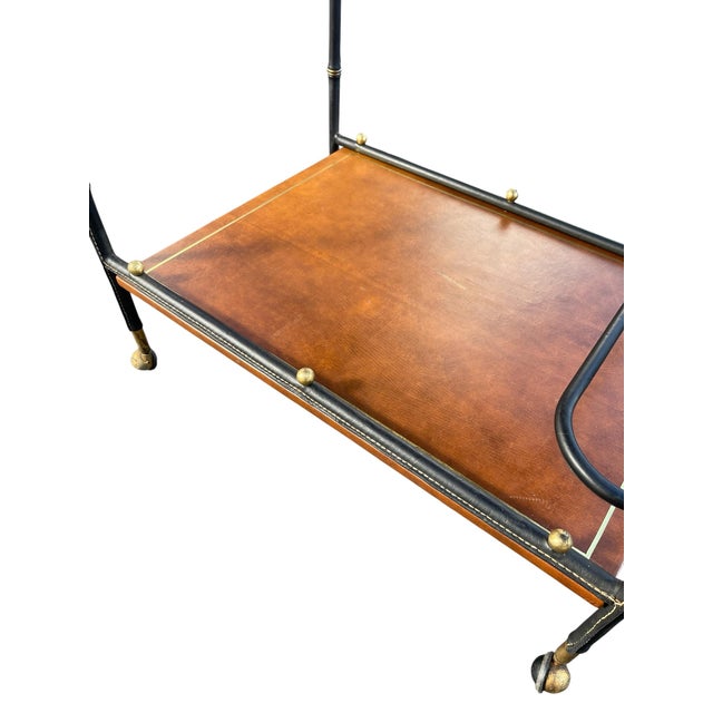 Vintage Stitched Leather Bar Cart by Jacques Adnet, 1950s For Sale - Image 11 of 13