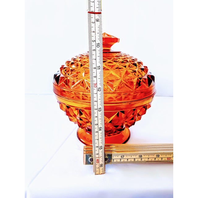 1950s Heavy Amberina Glass Diamond Point Pattern Covered Candy Dish For Sale In Chicago - Image 6 of 13