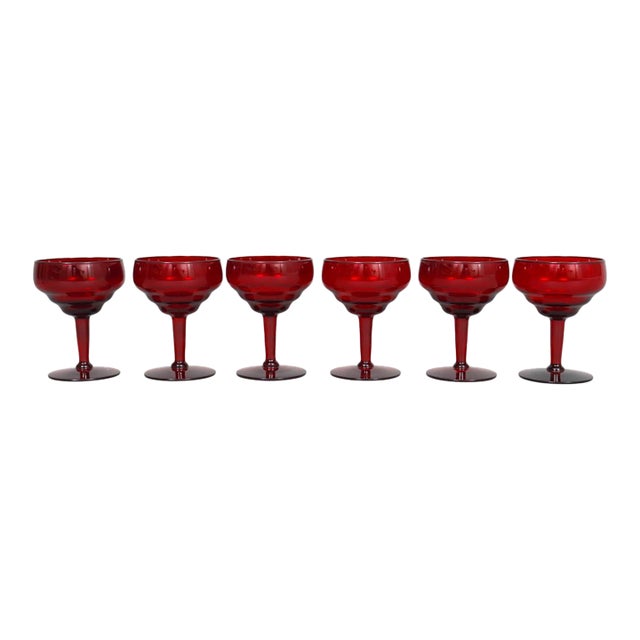 Mid Century Modern Ruby Glass Margarita Glasses, Set of 6 For Sale