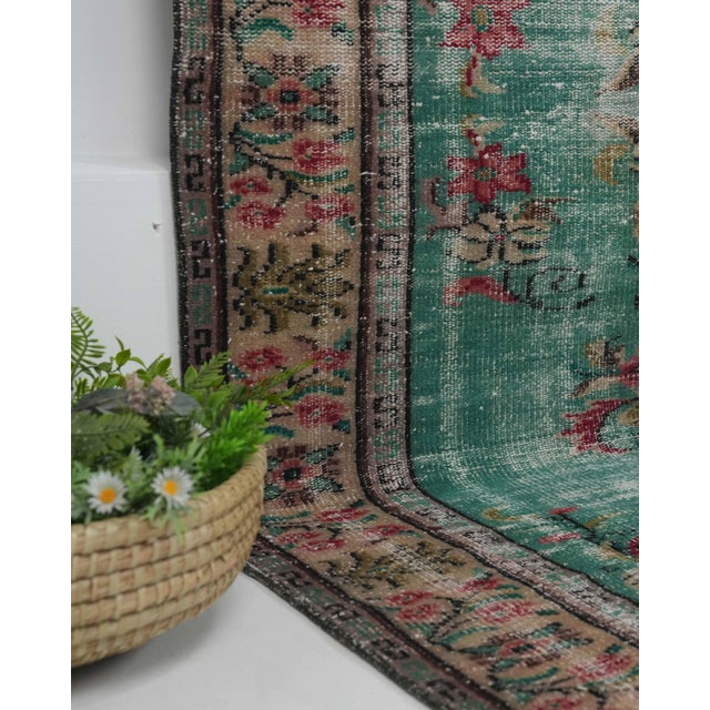 Textile 1970s Vintage Handmade Wool Cotton Green Area Rug For Sale - Image 7 of 12