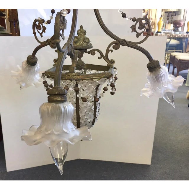 Metal 1950s Gothic Glass Flower Tole Chandelier For Sale - Image 7 of 11