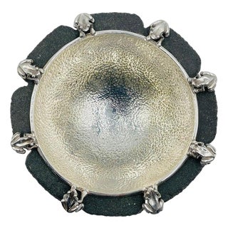 1980s Emilia Castillo Frog-Accented Silver Bowl on Volcanic Rock Base, Mexican Modern For Sale
