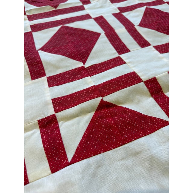 American Vintage Red White Quilt Top Only Diamond Pattern 68x93 For Sale - Image 3 of 10